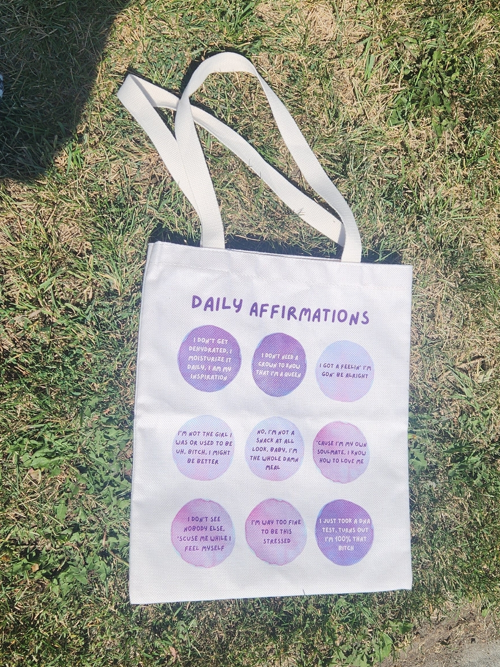 Lizzo Daily Affirmations White Tote Bag with Purple Print